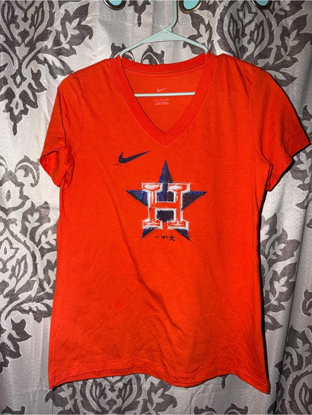 Nike Orange Houston Astros V-Neck Tee with Navy Logo stretch